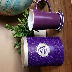 Teavana purple mug with lid and tea tin